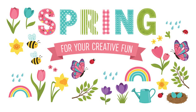 Colorful Spring Vector Illustration Featuring Flowers, Butterflies, Bees, Rainbows, Bird Nest, and Decorative Seasonal Elements for Creative Design Projects