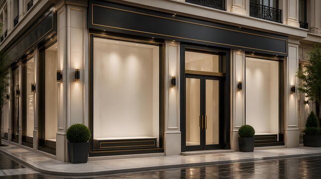 Elegant empty storefront with large windows and illuminated interior at dusk