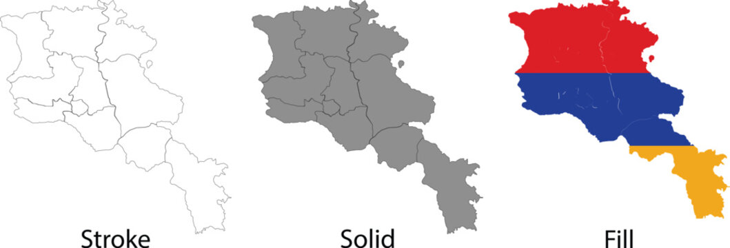Vector map of Armenia in stroke outline, solid grey silhouette, and country flag fill art design