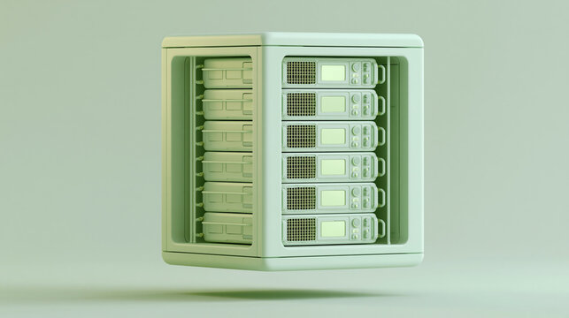 pastel sage green data server unit minimal technology infrastructure, floating sage green server rack isolated tech equipment, modern pastel green data server infrastructure object isolated