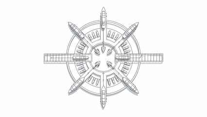A top down technical drawing of a circular marina with docked boats © Iwakwader