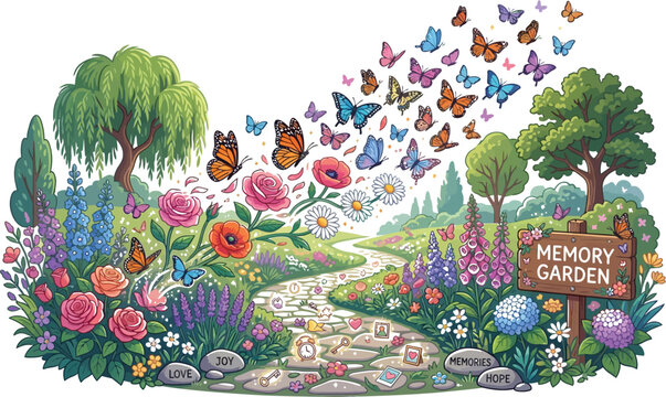 Garden path blooms with colorful flowers while butterflies drift in the.
