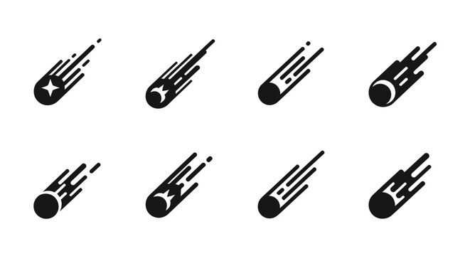 Meteorite Icons Set: Falling Stars, Comets, Asteroids, Space Debris