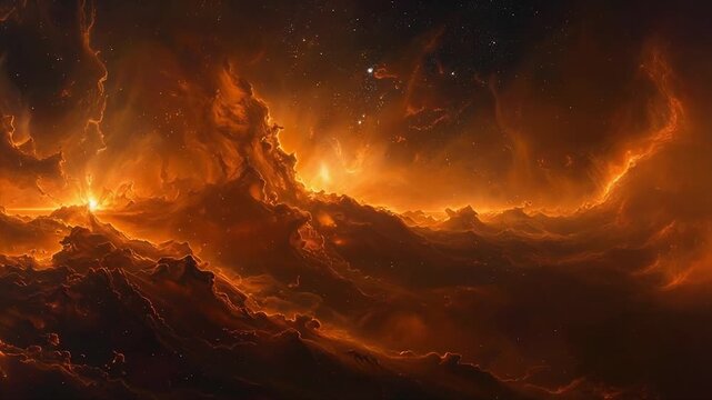 Deep space scene with muted orange fog moving sideways and faint glows spreading softly slowly
