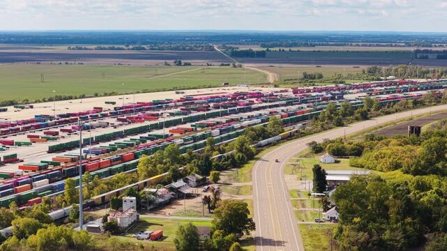 Wide drone tracking left of Union Pacific rail terminal across farmland and highway, aerial overview
