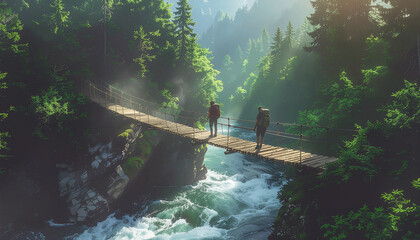 Fototapeta premium Two hikers cross a wooden suspension bridge over a fast-flowing river surrounded by dense forest and tall trees on a sunny day.