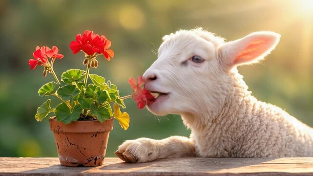 Lamb smelling red geranium flowers in terracotta pot. Small sheep interacting with plant on wooden surface during sunny day. Close-up shot.