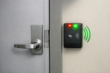Naklejka premium A door with a single green light, possibly indicating an open or unlocked state