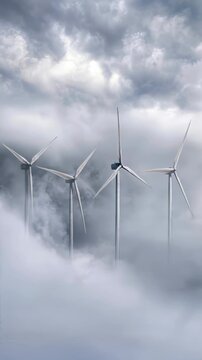 Wind turbines spinning above thick cloud layer under stormy sky. Sustainable energy generation in high altitude environment. Lockdown wide shot.