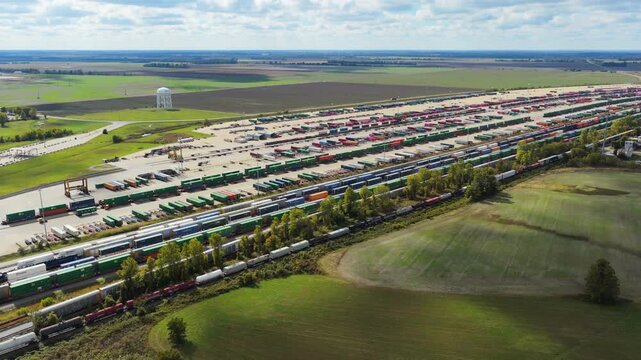 Expansive aerial panorama of Union Pacific container yard and surrounding farmland, drone, cloud shadows cross grass fields