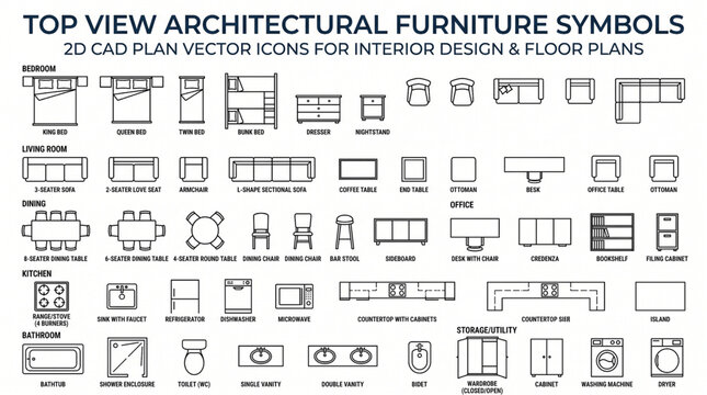 Top view architectural furniture symbols set. 2D CAD plan vector icons for interior design and floor plans