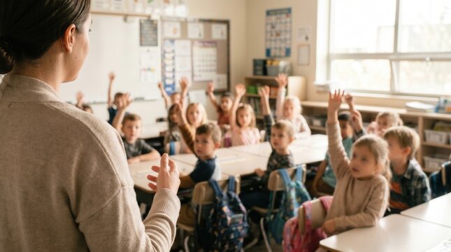 Teacher facing students with hands raised in classroom elementary education
