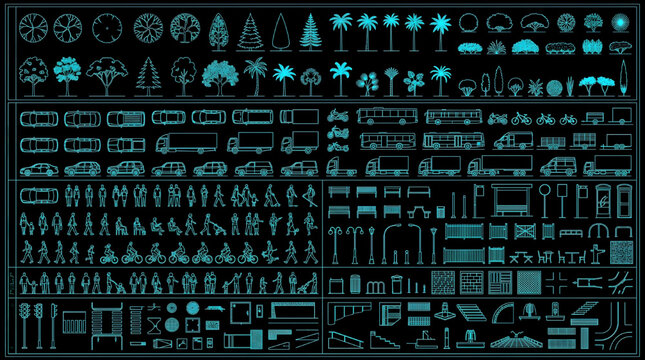 Architectural Site Planning CAD Library with People Trees Furniture Vehicles and Urban Design Elements Blueprint Collection