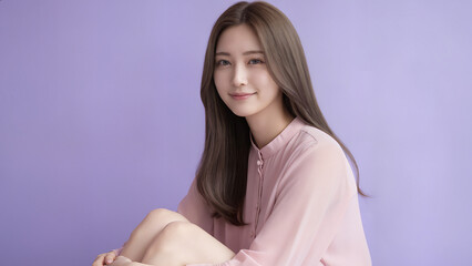 Obraz premium ラベンダー背景で膝を抱えて座る淡いピンクニットの茶髪女性