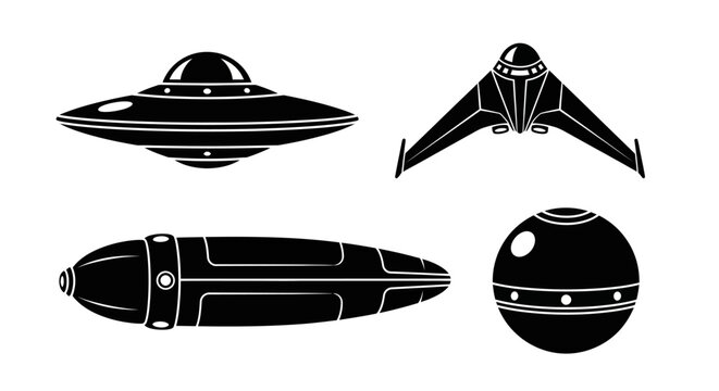 Retro Sci-Fi Spaceship Silhouettes: UFO, Fighter, Pod, Sphere