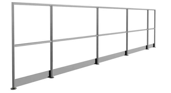 angled perspective 3d realistic render of an industrial metallic safety railing with a sturdy base toeboard and horizontal steel pipes for secure walkways and elevated construction platforms
