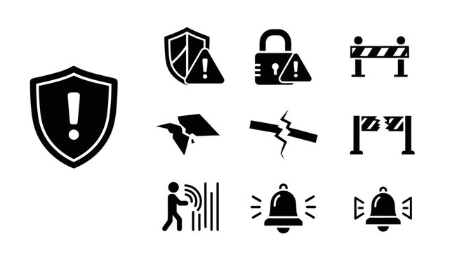 Security and Alert Icons: Shield, Lock, Barrier, Earthquake, Alarm