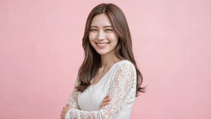 Fototapeta premium ピンク背景で肩越しに振り向く赤いワンピースの黒髪女性