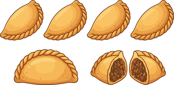 Delicious Baked Empanada Vector Illustration Set with Golden Crust Whole Turnovers and Half Cut Pastries Showing Meat Filling for Menu Designs