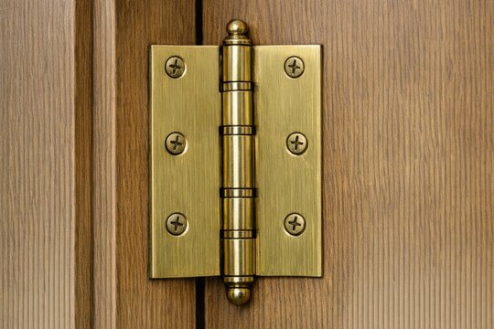 A close-up shot of a door hinge on a wooden door