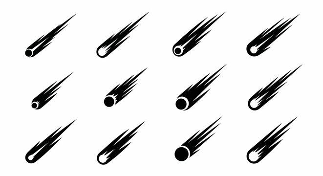 Set of Meteor Icons, Falling Stars, Comets, Black and White Vector Graphics