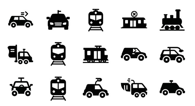 Set of Transportation Icons: Cars, Trains, Trucks, and Station
