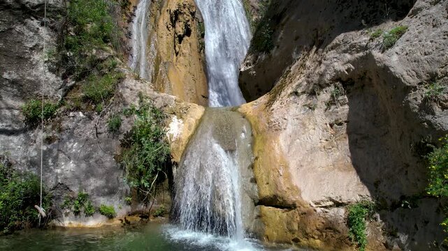 Palia Kavala Waterfalls Reveal Shot, Natural Stream Flowing in Hiking Path of Kavala Mountain Region