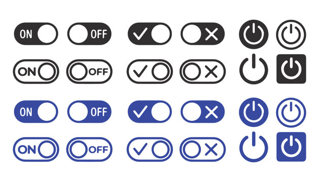 Universal toggle switches and power button icons for interface design in various styles.