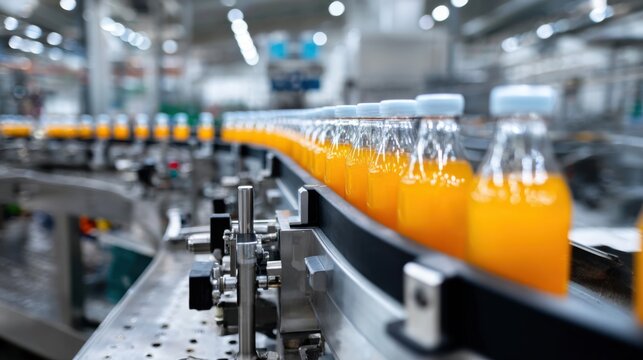 Conveyor of orange juice bottles moving, rows of transparent bottles filled with bright orange liquid gliding past stainless steel filler and capper, highspeed packaging with quality sensors, clean