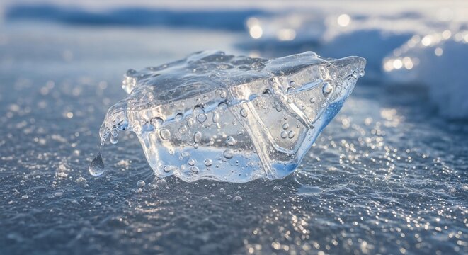 Melting ice block with water drops on a frozen lake surface in winter
