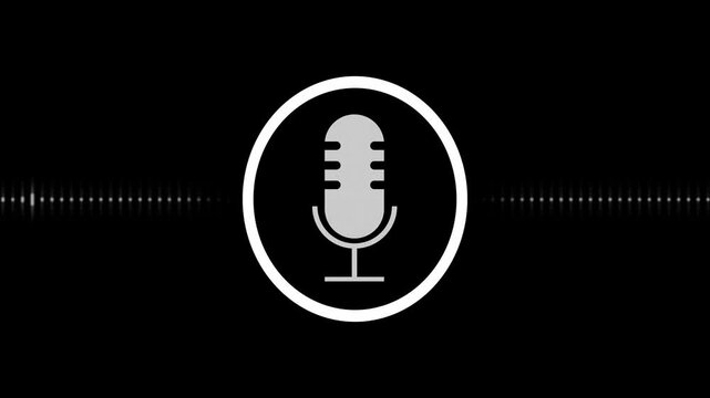 White microphone icon with audio waveform on black background. Minimalist vocal mic symbol for voice recording. Animated sound waves graphic for media podcast.