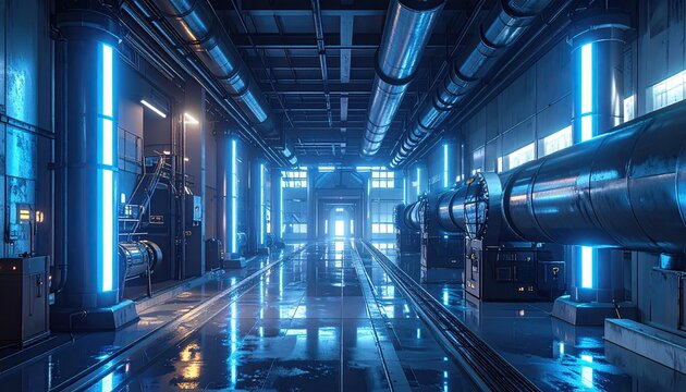 Futuristic blue-lit industrial corridor with large pipes and machinery