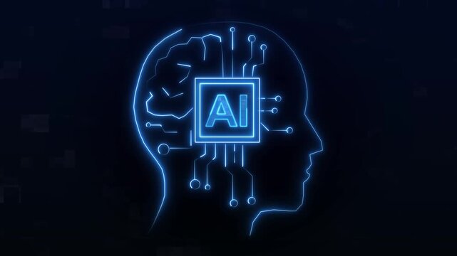 Glowing AI circuit brain inside human profile head outline. Artificial intelligence mind symbol for deep machine learning. Animated cognitive technology graphics.
