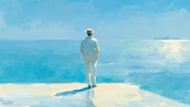青い海と佇む人物 静かな時間を描く油彩風イラスト 背景素材
