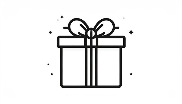 Black outline illustration of a gift box with a bow and sparkles