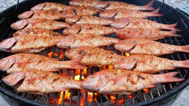 Fresh red snapper fish cooking over hot charcoal grill. Seasoned seafood grilling. Grilled ocean food.