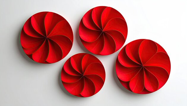 Four red layered sculptural circles with a pinwheel design