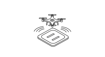 A simple line drawing of a small drone hovering above a landing pad © Perkasa