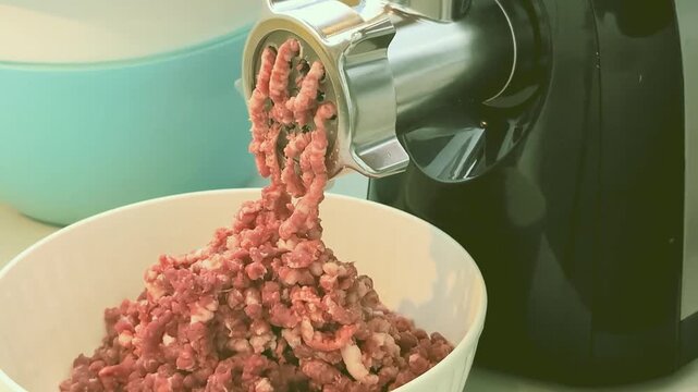 Making ground meat using an electric meat grinder in the kitchen