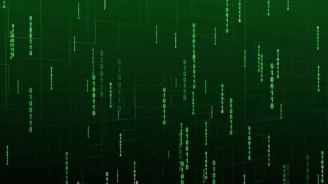Digital binary code rain falling through green technology grid. Information system symbol for database server network processing. Animated tech background.