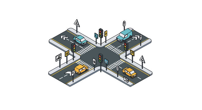 An isometric illustration of a busy city intersection with cars and traffic signals