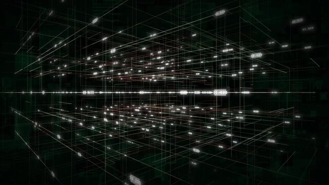 colorful moving lines in cyberspace with randomly moving binary code hi tech design dark technology background