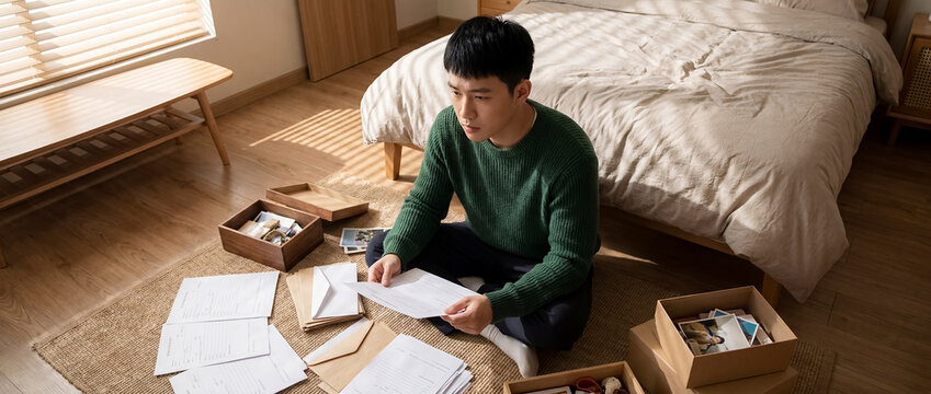 blank letters mockup Chinese man sorting mail bedroom documents message Closer composition emphasizes the blank surface and private emotional response young man organizes envelopes cards and