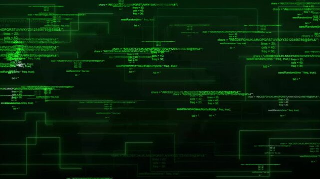 Green digital code matrix with random binary character streams. Computer programming text symbol for cybersecurity software. Animated hacker background on black.