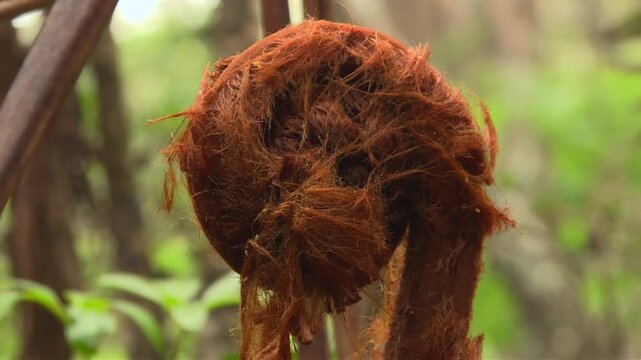 Close-up of a Hāpuʻu fern fiddlehead unfurling in Waikamoi Preserve, Hawaii
