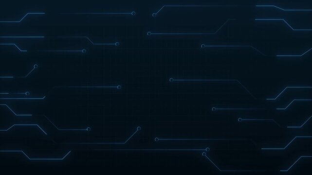 Blue digital circuit board lines on dark technology grid. Computer hardware processing motherboard symbol for data center info. Animated tech network core.
