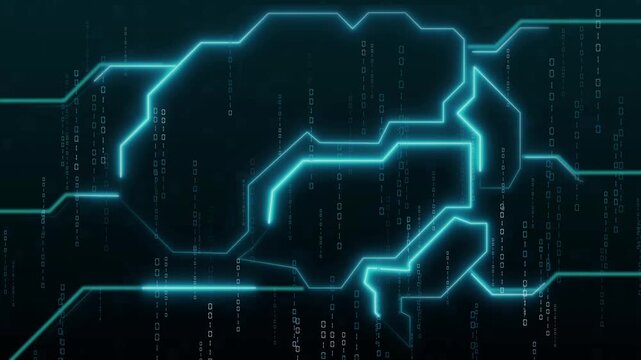 Abstract digital circuit board lines with matrix binary code rain. Technology hardware symbol for information network processing. Animated computer core loop.