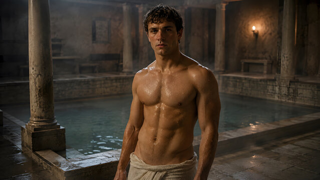Shirtless Ancient Roman Guy in Bathhouse