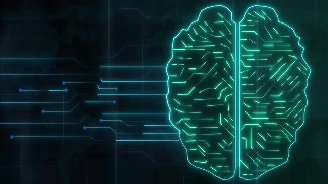 Green digital brain circuitry glowing on dark textured background. Artificial intelligence symbol for cloud robotic processor. Animated deep learning core.