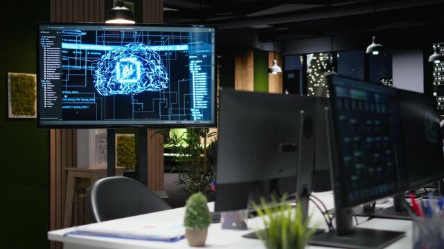 Computers in Silicon Valley office used to fix glitches in artificial intelligence systems. PC monitors on desk used to troubleshoot machine learning errors in tech startup workplace.